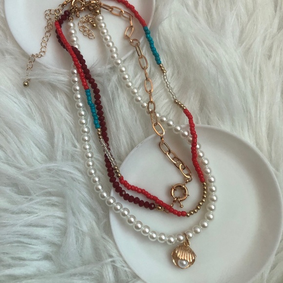 Super cute red/white/gold/blue layering necklace set - Picture 2 of 8